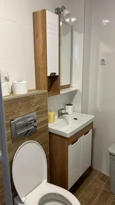 a bathroom with a white toilet and a sink at Stan na dan Indjija in Inđija
