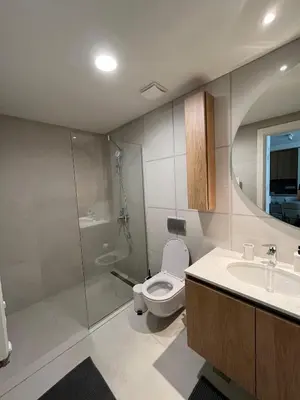 a bathroom with a toilet and a shower and a sink at Belgrade Waterfront Dream in Belgrade