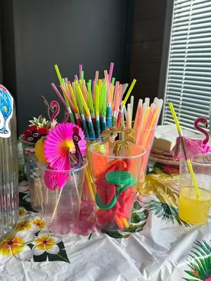 a table topped with glasses filled with colorful straws andmisc at Splav na Savi - House on the river in Ostrvo Sprud