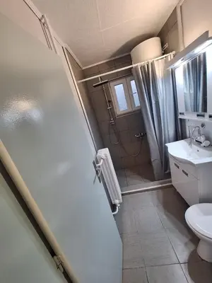 a bathroom with a shower and a toilet and a sink at Stan na dan Banovo brdo in Belgrade