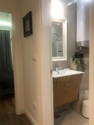 a bathroom with a sink and a mirror at Benvenuti FAMILY in Belgrade
