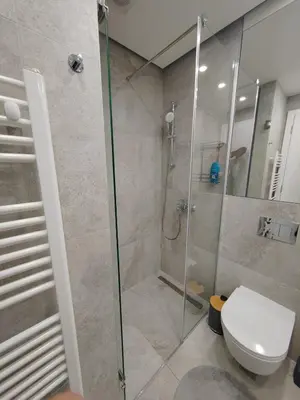 a bathroom with a shower and a toilet at New Luxury Suite with Garrage in Belgrade