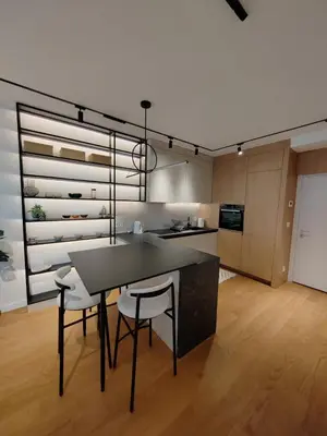 a kitchen with a table and chairs in a room at New Luxury Suite with Garrage in Belgrade