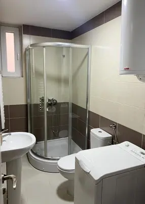 a bathroom with a shower and a toilet and a sink at Cozy Work-Friendly flat with Backyard near forest in Belgrade