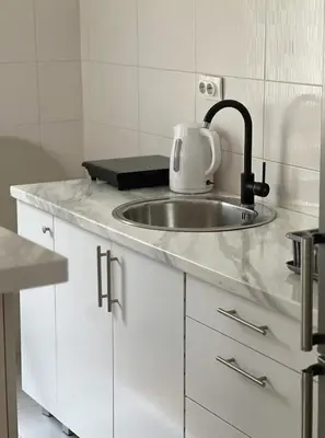 a kitchen with a sink with a toaster on it at Cozy Work-Friendly flat with Backyard near forest in Belgrade
