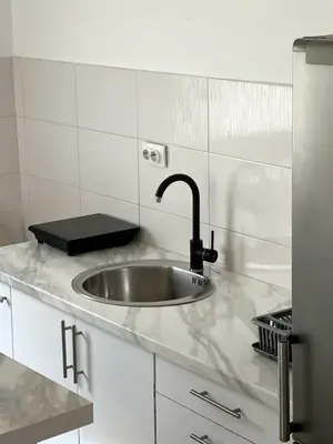 a kitchen with a sink and a counter top at Cozy Work-Friendly flat with Backyard near forest in Belgrade