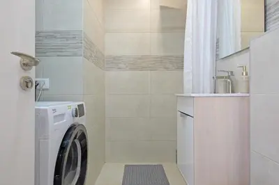 a washer and dryer in a small bathroom at New Belgrade Roses Apartment in Belgrade