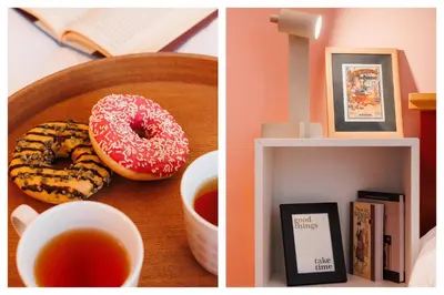 two pictures of a plate of donuts and a cup of tea at Colored Happiness 115m2 with Balcony Old Town in Belgrade
