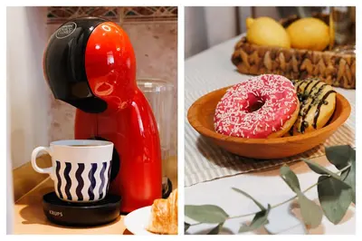 a ketchup bottle and a donut and a cup of coffee at Colored Happiness 115m2 with Balcony Old Town in Belgrade