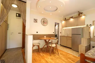 a kitchen and living room with a table and a refrigerator at Studio Apartman Vladar in Belgrade