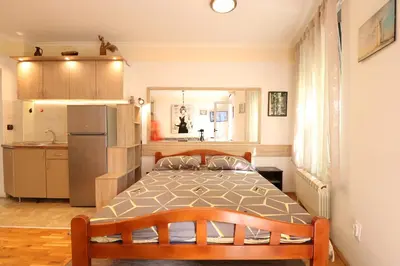 a bedroom with a bed and a kitchen at Studio Apartman Vladar in Belgrade