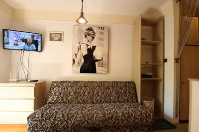 a living room with a couch and a tv at Studio Apartman Vladar in Belgrade