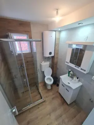 a bathroom with a shower and a toilet and a sink at Marash stan na dan in Belgrade