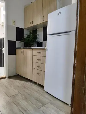 a white refrigerator in a kitchen with wooden cabinets at The Best Offer in Belgrade