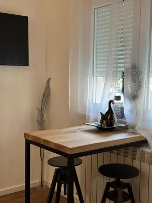 a table with a cat in a bowl on top of it at Sleep&Fly 1 Belgrade in Belgrade