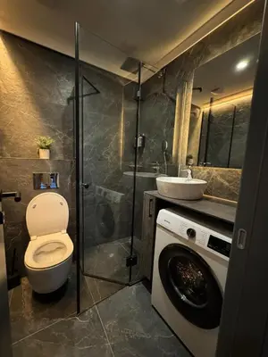 a bathroom with a toilet and a sink and a washing machine at Todd in Belgrade