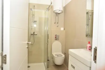 a bathroom with a shower with a toilet and a sink at mir rooms and apartments in Belgrade