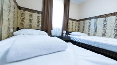 a bedroom with two beds and a window at Imanje Borkonjić in Ruma
