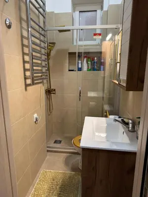 a small bathroom with a sink and a shower at Apartment Republic Square in Belgrade