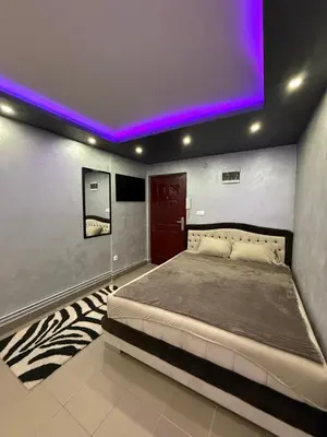 a bedroom with a large bed with a purple ceiling at Element Apartman Obrenovac, Privatni Parking in Obrenovac