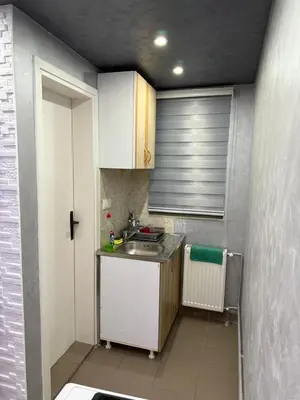 a small kitchen with white cabinets and a sink at Element Apartman Obrenovac, Privatni Parking in Obrenovac