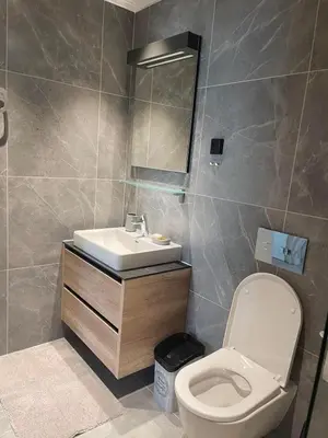 a bathroom with a sink and a toilet and a mirror at Belgrade Waterfront Nora in Belgrade