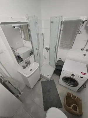 a bathroom with a shower and a toilet and a sink at Flower Home Belgrade in Belgrade