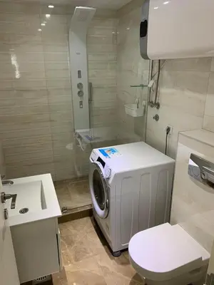 a bathroom with a washing machine and a toilet at Taurunum lux Apartment 30 in Belgrade