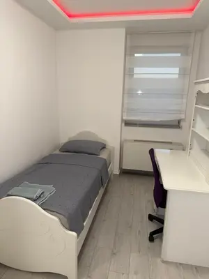 a bedroom with a bed and a desk and a desk at Taurunum lux Apartment 30 in Belgrade