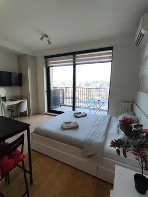 a bedroom with a large bed and a large window at Belgrade Waterfront Cozy Studio in Belgrade