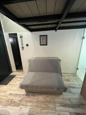 a bedroom with a bed in the middle of a room at Studio MB in Belgrade