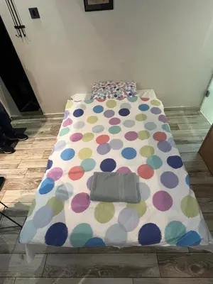 a bed with a polka dot sheet and a pillow at Studio MB in Belgrade