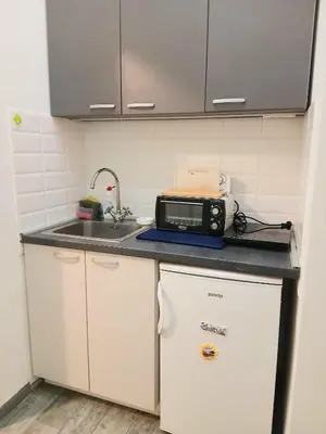 a small kitchen with a sink and a microwave at Vlada in Belgrade