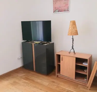 a living room with a tv and a table with a lamp at Vlada in Belgrade