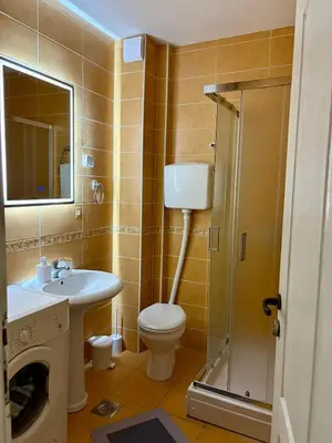 a bathroom with a toilet and a sink and a shower at Stan Na Dan 111 in Inđija