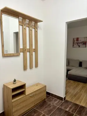 a living room with a mirror on the wall at Stan Na Dan 111 in Inđija