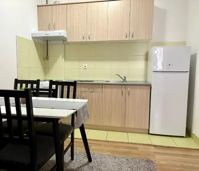 a kitchen with a white refrigerator and a table at Stan Na Dan 111 in Inđija