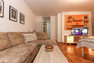 a living room with a couch and a tv at Skroman, čist i udoban apartman u Ivana Ribara za dvoje in Belgrade