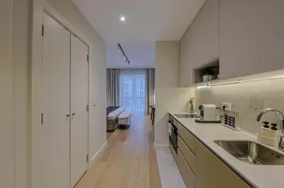 a kitchen with a sink and a counter top at ZIGZAG Belgrade Waterfront Scala in Belgrade