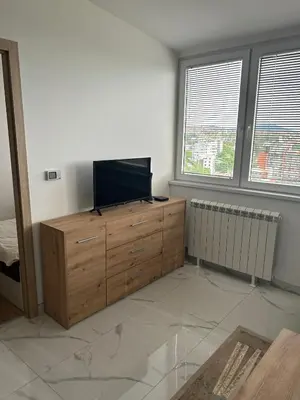 a living room with a flat screen tv on a wooden dresser at Banjica in Belgrade