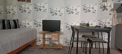 a bedroom with a bed and a desk with a television at Kucica Slobodica in Bukorovac