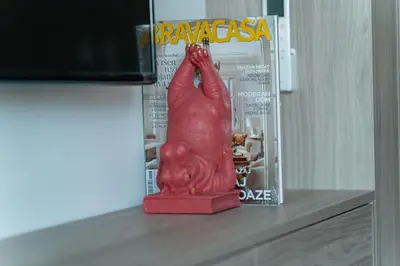 a red statue sitting on a shelf next to a magazine at 4 bedroom luxury apartment with park & river view in Belgrade