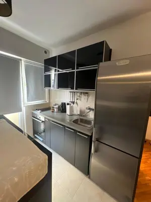 a kitchen with a stainless steel refrigerator and black cabinets at Joker 5 in Belgrade