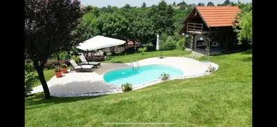 a swimming pool in a yard next to a house at Zelena Oaza nadomak Beograda in Lipovica