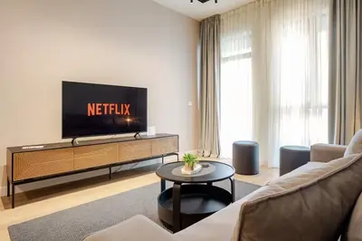 a living room with a couch and a television at BW Lux apartments Beograd na vodi in Belgrade