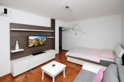 a bedroom with a bed and a tv on a wall at Apartment Lilly in Belgrade