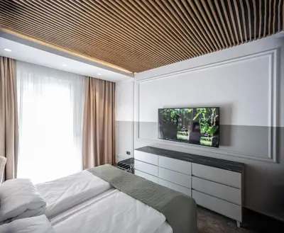 a bedroom with a bed and a flat screen tv at Maison Royale Premium Apartment in Belgrade