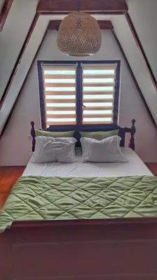 a bedroom with a bed with a green comforter and two windows at Kucica na Dunavu in Kovin