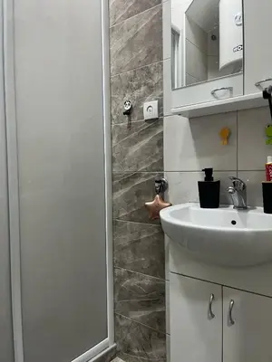 a bathroom with a white sink and a shower at Aria Central Apartment in Smederevo