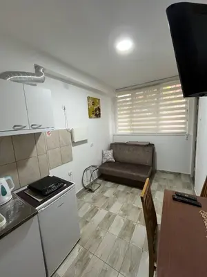a kitchen and a living room with a couch at Aria Central Apartment in Smederevo